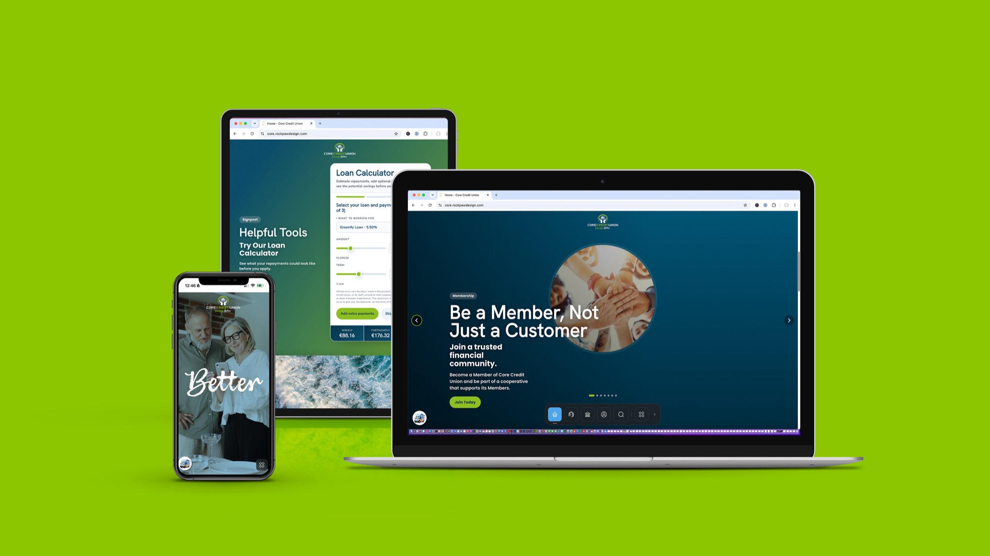 Core Credit Union website shown across desktop and mobile devices