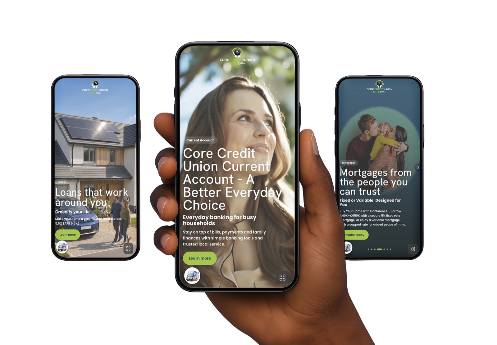 Three phone mockups showing key screens of the Core Credit Union app experience
