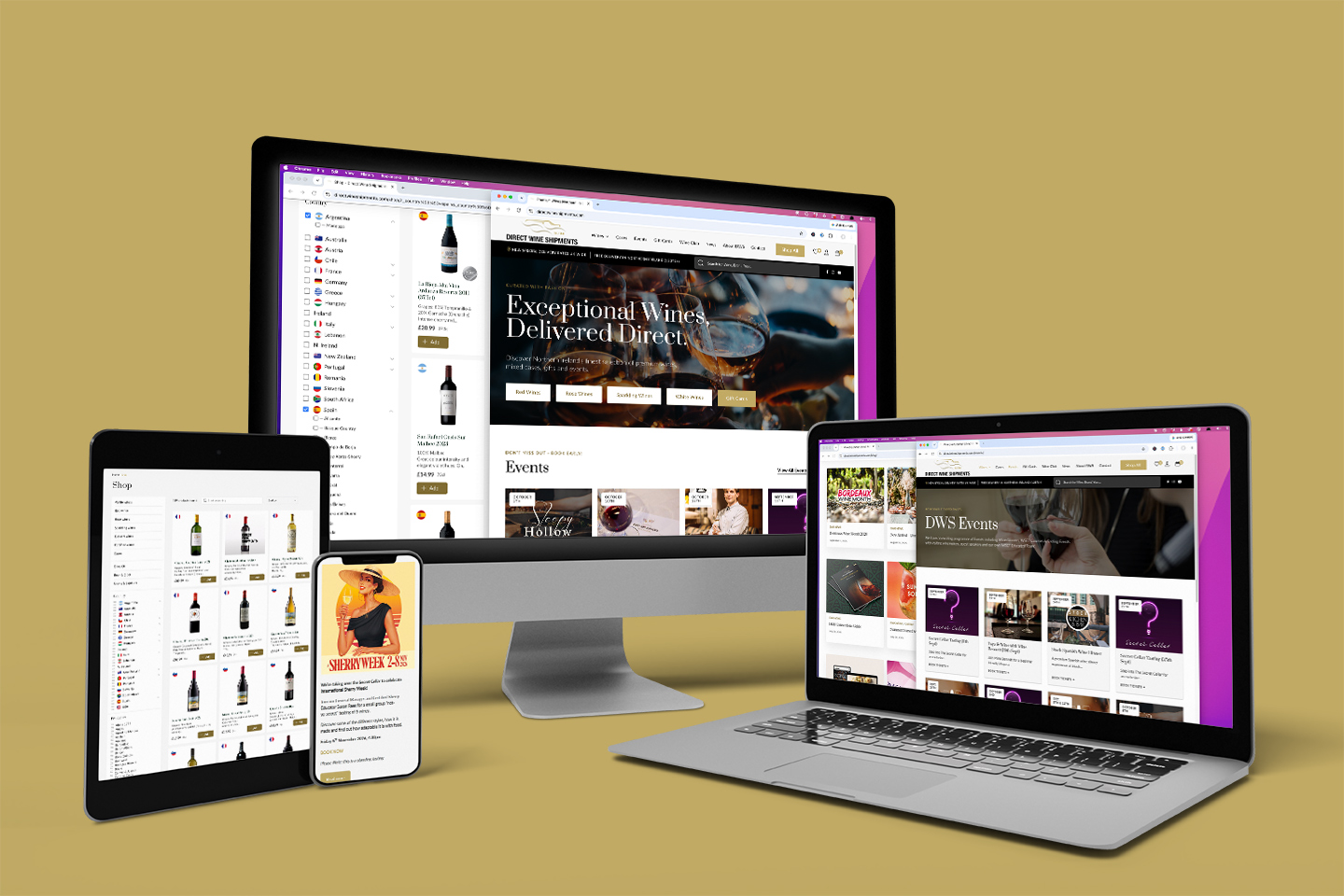 The Direct Wine Shipments platform shown across desktop, laptop, tablet and mobile