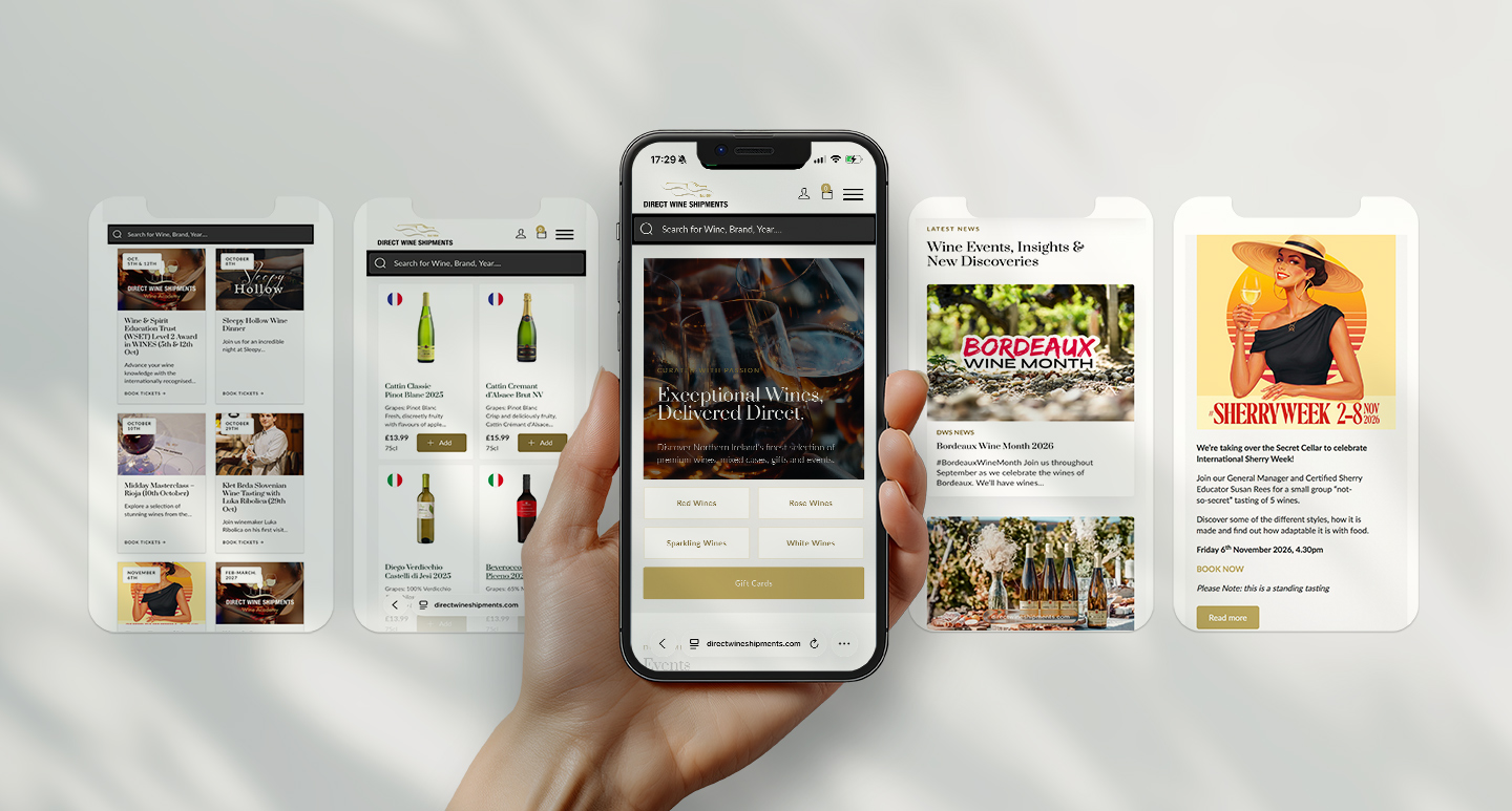 A hand holding an iPhone showing the Direct Wine Shipments homepage, alongside four further mobile screens covering the wine range, editorial content and events